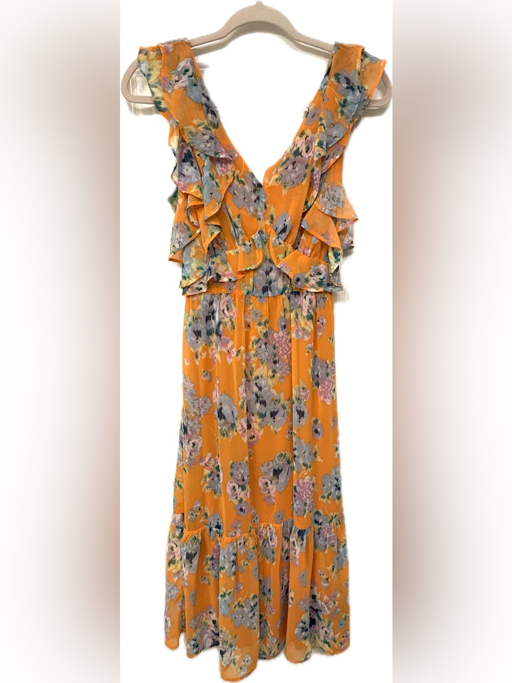 LC Lauren Conrad Floral Print Ruffle Midi Dress Tiered Sleeveless Peach Orange